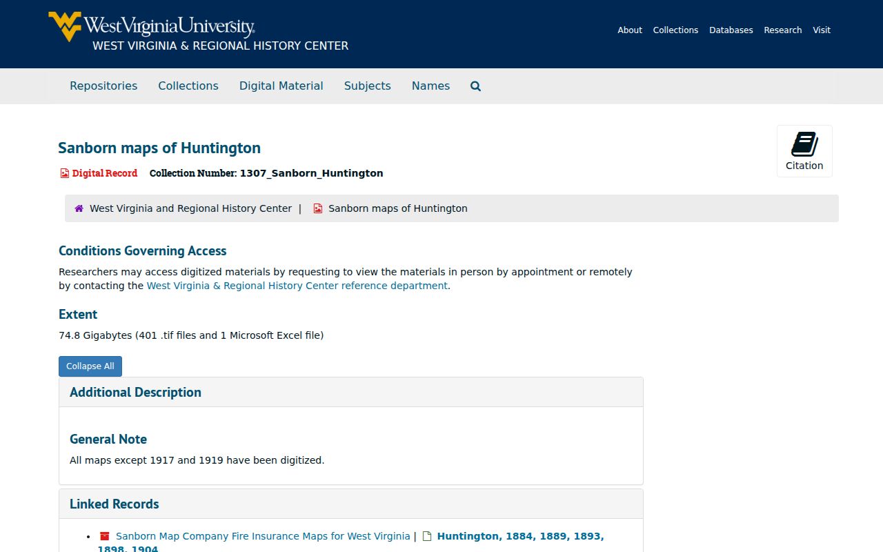 WVU archive record for Huntington Sanborn maps used in house-history research