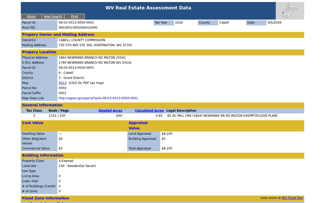 Sample Cabell parcel card with owner, mailing, physical, and E-911 address fields